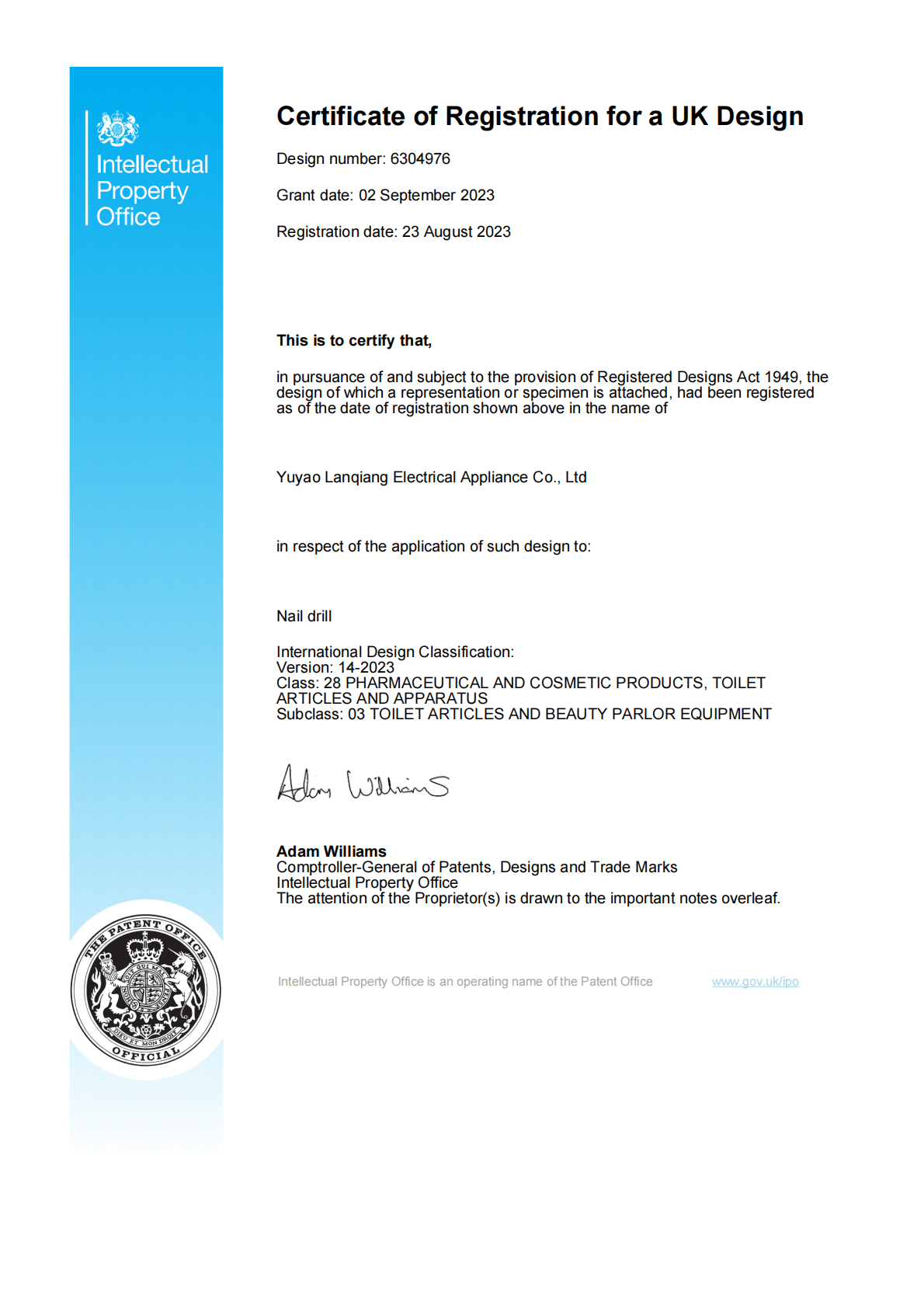 certificate of registration for a UK design